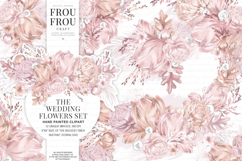 Peut inclure: Un ensemble de 12 fleurs de mariage peintes &agrave; la main en clipart num&eacute;rique dans des tons rose p&acirc;le et p&ecirc;che avec des accents de perles. Les fleurs sont dispos&eacute;es en bouquet et sont parfaites pour cr&eacute;er des invitations, des cartes et d'autres articles de papeterie de mariage.