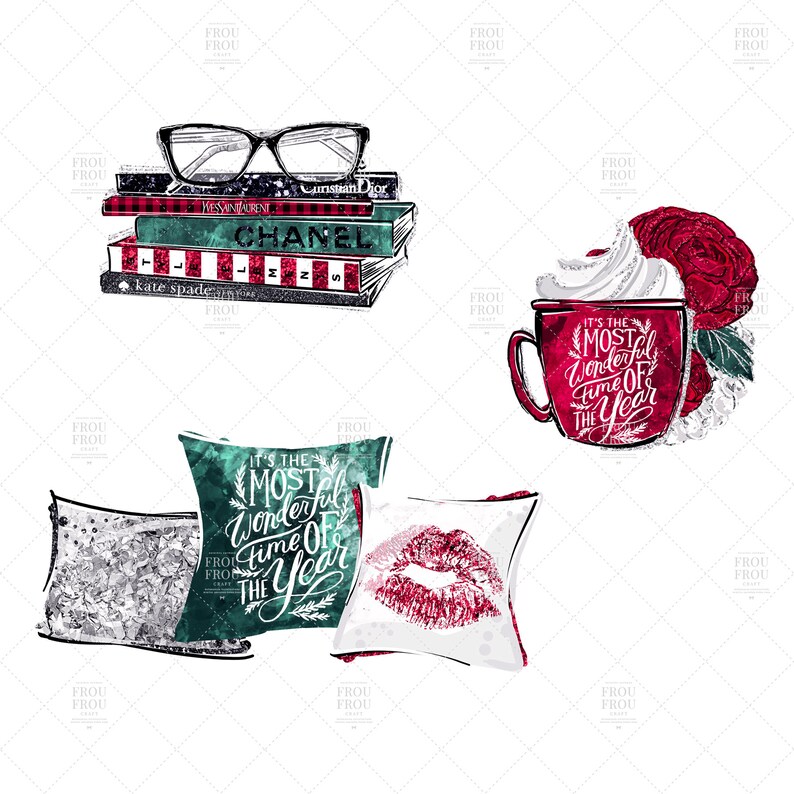 Cute Christmas Clipart Winter Scene Clipart Book Lover Planner Stickers Cabin Red Plaid Silver Glitter Coffee Fashion Girl Illustration