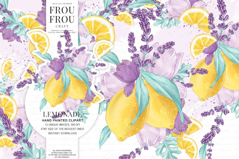 Lemons Clipart, Lavender Clipart, Lemonade Clip Art, Spring Clipart, Summer Clip Art, Fruits Clipart, Pastel Clipart, Watercolor Clipart image 1