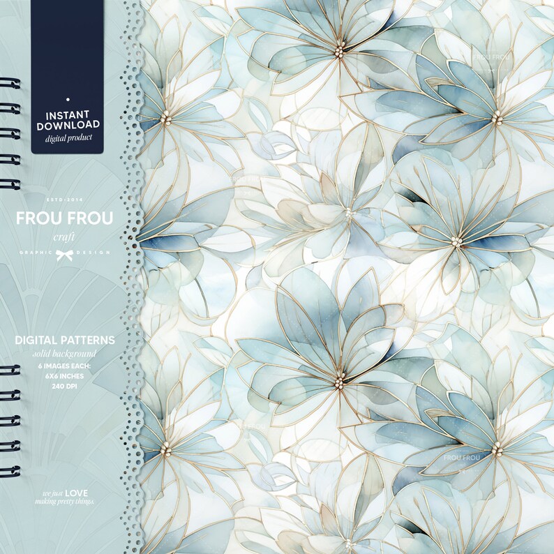 K&ouml;nnte beinhalten: Ein nahtloses digitales Muster mit zarten, &uuml;berlappenden Aquarellblumen in Blaut&ouml;nen und Wei&szlig; mit goldenen Umrissen. Das Muster ist perfekt zum Erstellen von Hintergr&uuml;nden, zum Scrapbooking und f&uuml;r andere Bastelprojekte.