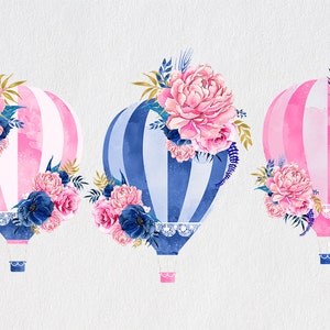 以下が含まれることがあります： 水彩で描かれた花柄の熱気球が3つ。風船はピンクとブルーで、白いストライプが入っています。花はピンク、ブルー、ホワイトです。