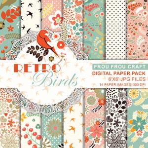 May include: A digital paper pack with 14 retro bird themed patterns. The patterns feature a variety of colors, including red, pink, green, and blue. The patterns are perfect for scrapbooking, card making, and other crafting projects.