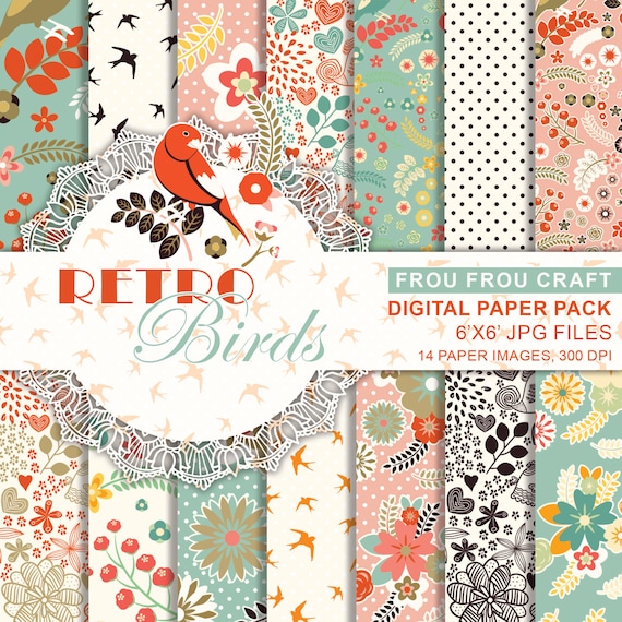Retro Birds Pattern Digital Paper, Leaf Pattern Art, Vintage Shabby Chic Birds Background, Retro Baby Digital Pack, Digital Scrapbooking