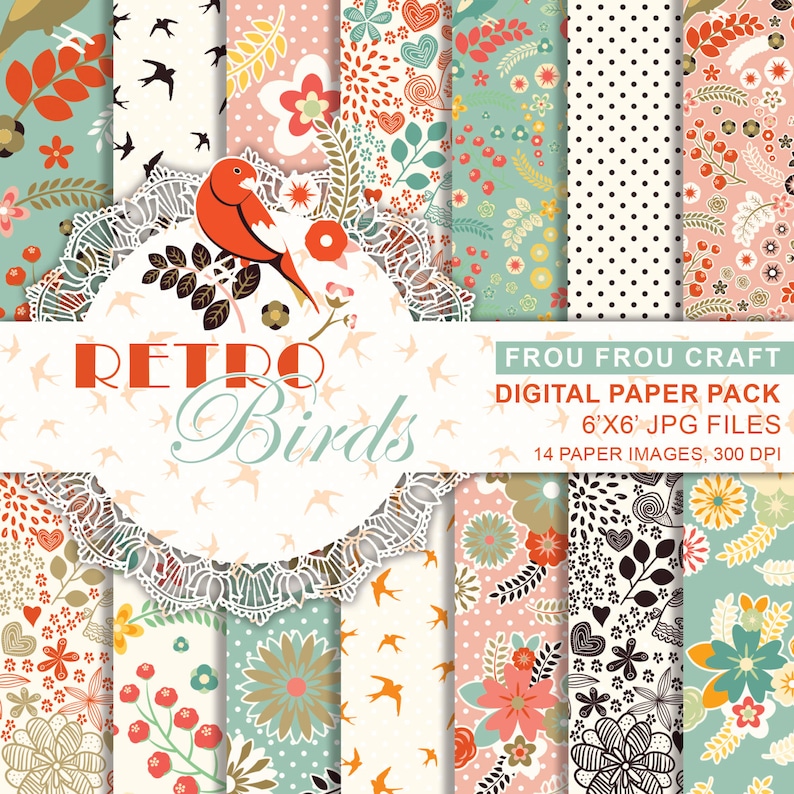 May include: A digital paper pack with 14 retro bird themed patterns. The patterns feature a variety of colors, including red, pink, green, and blue. The patterns are perfect for scrapbooking, card making, and other crafting projects.