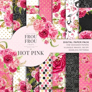 Roses Scrapbook Paper Hot Pink Black Gold Paper Pack Watercolor Digital Floral Arrangements Wedding Invitation Planner Seamless Patterns