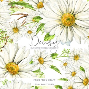 K&ouml;nnte beinhalten: Aquarell-Illustration eines Strau&szlig;es wei&szlig;er G&auml;nsebl&uuml;mchen mit gelben Zentren. Die G&auml;nsebl&uuml;mchen sind in einer Gruppe mit gr&uuml;nen Bl&auml;ttern und Stielen angeordnet. Der Text "Daisy" ist in kursiver Schrift &uuml;ber den Blumen geschrieben, und der Text "Handgemalte Aquarell-Kollektion" ist unter den Blumen geschrieben. Der Text "Frou Frou Craft" ist unter den Blumen geschrieben, und der Text "7 hochwertige Bilder" ist darunter geschrieben.