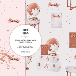 May include: A digital paper pack with 12 unique seamless patterns featuring a rose gold globe, passport, and luggage. The patterns are 12x12 inches and are perfect for crafting and scrapbooking.