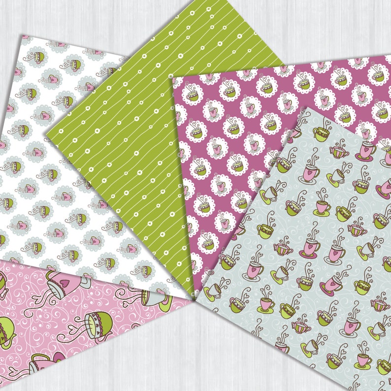 May include: A collection of patterned papers with various designs. The patterns include green with white dots and lines, pink with teacups, and light blue with teacups. Other papers have teacups with hearts and swirls.