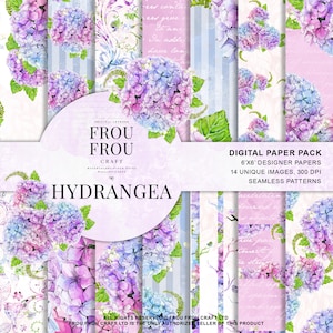 May include: A digital paper pack featuring 14 unique seamless patterns of watercolour hydrangeas in shades of pink, blue, and purple. The patterns are perfect for crafting, scrapbooking, and digital design.