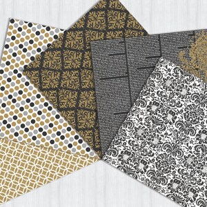 Puede incluir: Cuatro hojas de papel con diferentes patrones. Una hoja tiene un patr&oacute;n floral blanco y negro, otra tiene un patr&oacute;n geom&eacute;trico negro y dorado, otra tiene un patr&oacute;n de lunares negro y dorado y otra tiene un patr&oacute;n geom&eacute;trico dorado y blanco.