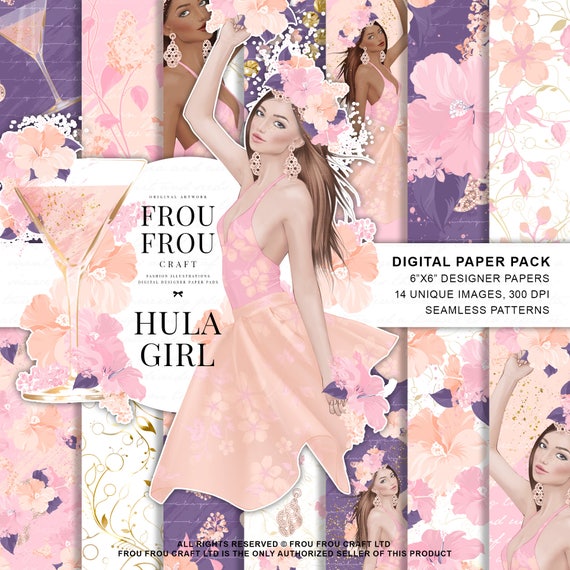 Summer Paper Pack, Holiday Paper Pack, Cocktails Tropical Girl Fashion Phone Wallpaper Exotic Pastel Floral Paper Pack Hula Girl Cute Fabric