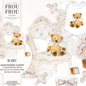 Baby Clipart Neutre Baby Clip Art Baby Shower Beige Nursery Invitation DIY Pack Aquarelle Pastel Bébé Annonce Teddy Bear Imprimable