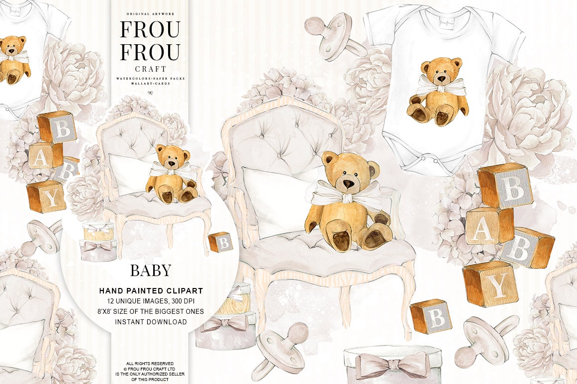 Baby Clipart Neutral Baby Clip Art Baby Shower Beige Nursery Invitation DIY Pack Watercolor Pastel Baby Announcement Teddy Bear Printable