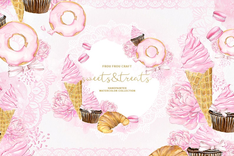 Op de afbeelding: Waterverf illustraties van roze en witte snoepjes en lekkernijen, waaronder donuts, cupcakes, ijshoorns en croissants. De illustraties zijn omgeven door een delicaat kantpatroon en de tekst "Frou Frou Craft Sweets & Treats Handgeschilderde Waterverf Collectie".