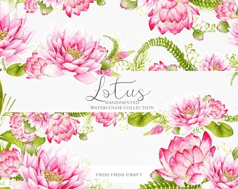 Lotus ClipArt Watercolor Flowers Yoga Pink White Green Spring Handpainted Floral Romantic Original Digital Invitation Wedding DIY Pack
