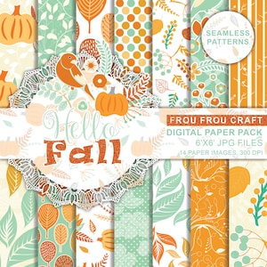 Fall Digital Paper Pack Instant Download Autumn Seamless Cute Glitter Orange Pumpkin Mint Blue Yellow Leaves Floral Forest Birds 6x6