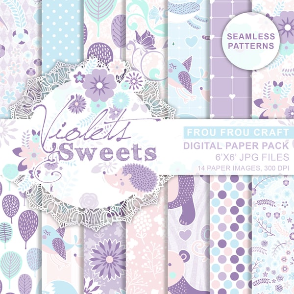 Nursery Digital Paper Pack Seamless Patterns Pastel Violet Purple Blue Mint Instant Download Baby Sweet Birds Zoo Animals Cute 6x6 Inches