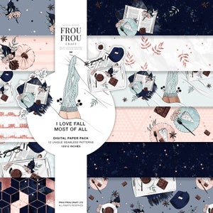May include: A digital paper pack with 12 unique seamless patterns, each featuring a different fall-themed design. The patterns include a cozy scene with a cup of coffee, a book, and a pair of socks, a geometric pattern with pink and blue accents, and a pattern with a chocolate bar and a plate of cake. The patterns are all 12x12 inches.