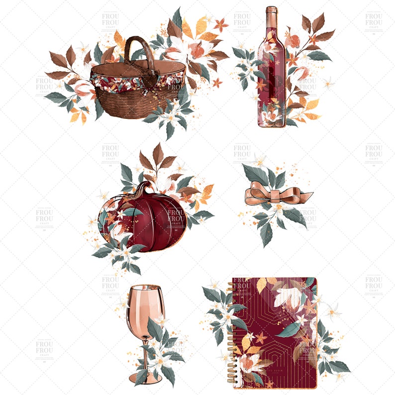 Fall Clip Art Autumn Planner Stickers Floral Leaves Picnic Mint Red Planner Supplies Thanksgiving Pumpkin Rose Gold Planner Cover