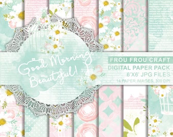 May include: A digital paper pack with 14 floral patterns in shades of pink, green, and white. The patterns feature flowers, birds, and cages. The text "Good Morning Beautiful!" and "Frou Frou Craft" is included in the image. The paper pack is 6x6 inches and 300 DPI.