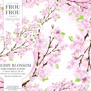 Cherry Blossom Clipart Watercokor Flowers Clip Art Sakura Illustration Wedding Floral Invitation DIY Pink Flowers Graphics Spring Set