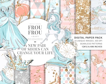Princess Paper Pack, Fairy Tale Planner Stickers, Cinderella Designer Paper Pad, Glitter Pumpkin Carriage Glass Slipper, Pastel Cute Fabric