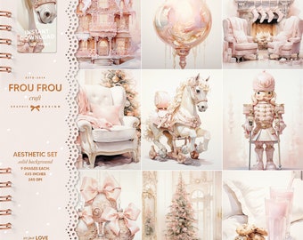 May include: A digital collage of nine images featuring a pink and white colour scheme. The images include a gingerbread house, a rocking horse, a nutcracker, a Christmas tree, a chair, a glass ornament, and a plate of cookies. The text "FROU FROU craft" and "AESTHETIC SET" is included in the image.