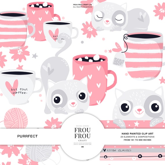 Cute Kitten Clipart, Cat Clip Art, Nursery Baby Girl Pink Decals, Coffee Planner Stickers, Hot Chocolate Planner Cover, Tea Lovers Wall Art