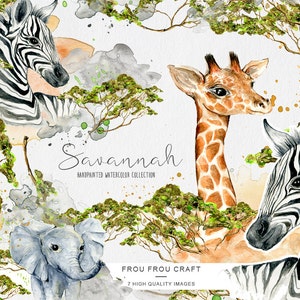 Tiere ClipArt Aquarell Zebra Giraffe Elefant Savanne Baby Shower Kinderzimmer Einladung Handgemalt Vintage Retro Original DIY Pack