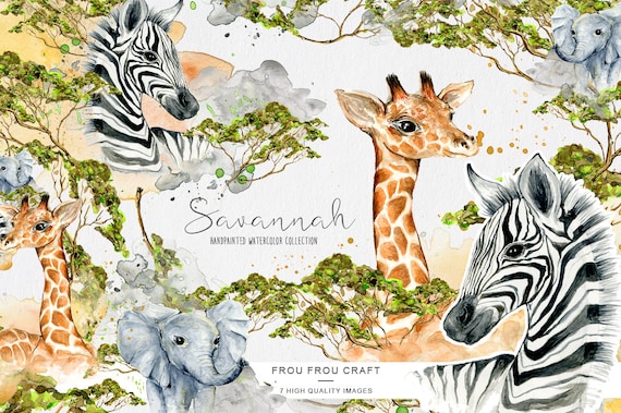 動物のクリップアート 水彩 シマウマ キリン ゾウ サバンナ ベビー