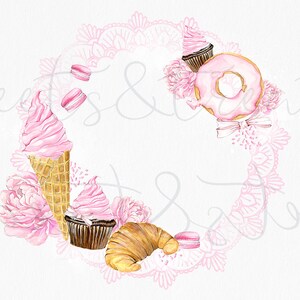 Op de afbeelding: Een roze en witte aquarel illustratie van een donut, een ijshoorn, een cupcake, een croissant en macarons. De items zijn gerangschikt in een cirkel rond een kantontwerp.