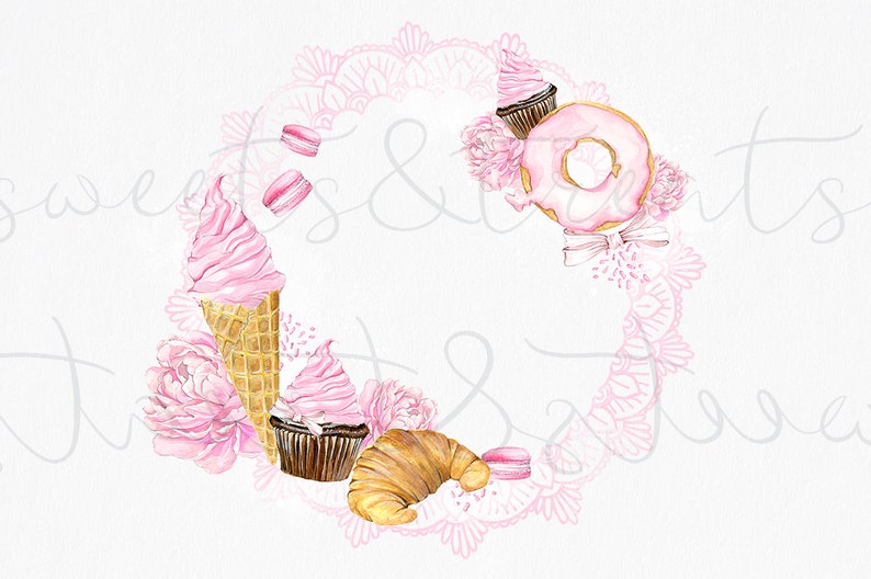 Op de afbeelding: Een roze en witte aquarel illustratie van een donut, een ijshoorn, een cupcake, een croissant en macarons. De items zijn gerangschikt in een cirkel rond een kantontwerp.