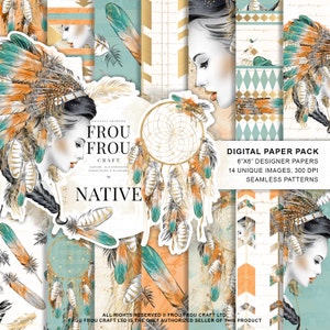 Puede incluir: Un paquete de papel digital con 14 imágenes únicas, 15,24 x 15,24 cm, 300 DPI, patrones sin costuras. Los diseños presentan patrones inspirados en los nativos americanos con plumas, atrapasueños y formas geométricas en oro, turquesa y melocotón. El texto "FROU FROU CRAFT NATIVE" está incluido en la imagen.