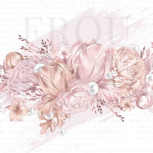 Peut inclure: Un arrangement floral d&eacute;licat compos&eacute; de fleurs rose p&acirc;le et cr&egrave;me, rehauss&eacute; d'embellissements perl&eacute;s. Les fleurs sont dispos&eacute;es sur un fond blanc avec une subtile touche de rose.