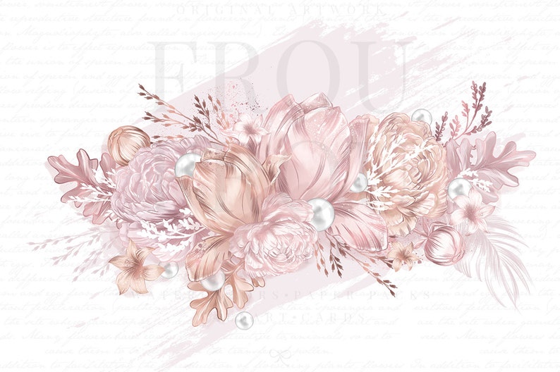 Peut inclure: Un arrangement floral d&eacute;licat compos&eacute; de fleurs rose p&acirc;le et cr&egrave;me, rehauss&eacute; d'embellissements perl&eacute;s. Les fleurs sont dispos&eacute;es sur un fond blanc avec une subtile touche de rose.