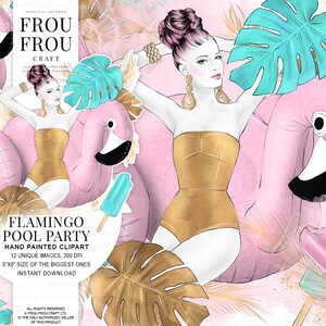 May include: A digital illustration of a flamingo pool party with a woman in a gold swimsuit, pink flamingos, palm leaves, and popsicles. The text "Frou Frou Craft" and "Flamingo Pool Party" is included in the image.