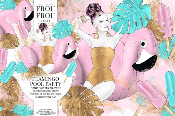 Summer Clipart Tropical Clip Art Fashion Girl Pool Party Pink Flamingo Graphics Hand Drawn Beach Watercolor Ice Cream Aloha Hula Hawaiian