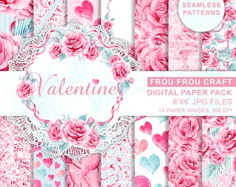 Pink Mint Roses Romantic Wedding Digital, Watercolor Valentine Love Digital, Valentine Background Paper Pack, Watercolor Hearts Digital