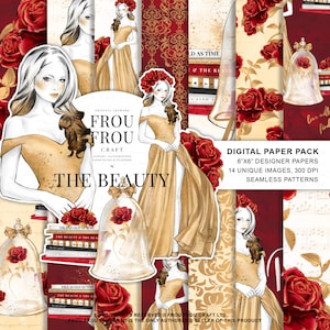 Beauty and the Beast Paper Pack Belle Princess Sfondi digitali Fiaba Modelli senza soluzione di continuità Illustrazione di moda Sfondo Romantico Sfondo Oro