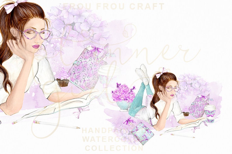 School Clipart Planner Girl Clip Art Fashion Illustration Planner Cover Girly Pastel Watercolor Floral Handpainted Lavender Purple EC Plan