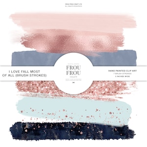 以下が含まれることがあります： ピンク、ブルー、ネイビーブルーの色の7本のハンドペイントされたブラシストローク。ローズゴールドのグリッターを重ねています。ブラシストロークは5インチ幅です。"I love fall most of all (brush strokes)"は、白地に黒文字で書かれています。