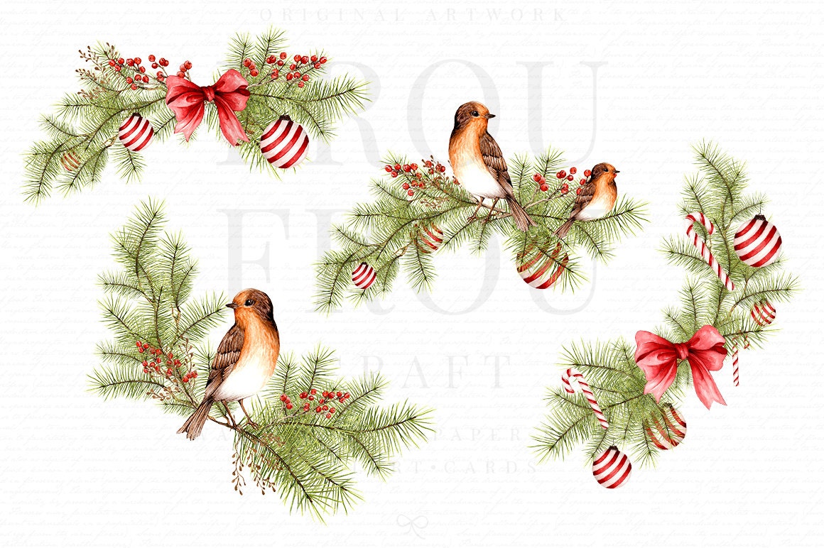 Watercolor Christmas Clipart Xmas Clip Art Winter Birds Wreath ...
