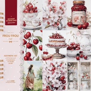 Akvarell vintage planner stickers, körsbär clipart, körsbärsblom plannertillbehör, bondgårds digitalt papperspaket, mysig Instagram
