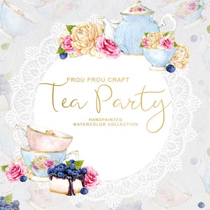 Aquarell Tee Party ClipArt Teetasse Teekanne Blaubeere Kuchen Brautparty Einladung Handbemalte Blumen Floral Romantisch Original DIY Pack