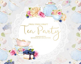 Watercolor Tea Party ClipArt Teacup Teapot Blueberry Cake Bridal Shower Invitation Handpainted Flowers Floral Romantic Original DIY Pack