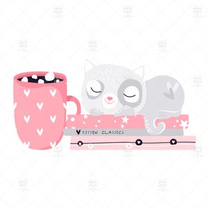 May include: A charming illustration depicts a grey kitten asleep on pink books, with the text "Kitten Classics". A pink mug with white hearts is beside the books. The image has a soft, inviting aesthetic.