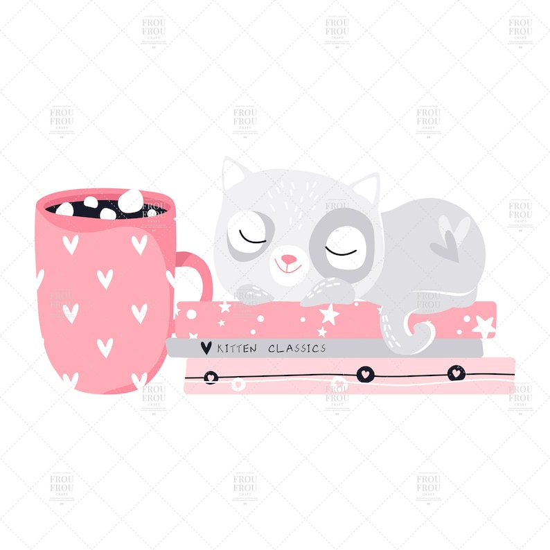 May include: A charming illustration depicts a grey kitten asleep on pink books, with the text "Kitten Classics". A pink mug with white hearts is beside the books. The image has a soft, inviting aesthetic.