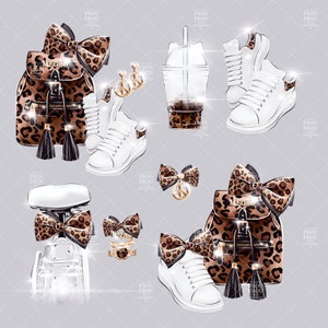 May include: A set of illustrated fashion accessories featuring a leopard print theme. The set includes a backpack, sneakers, a coffee cup, and a perfume bottle. The accessories are decorated with bows, peace signs, and the word "Moschino".