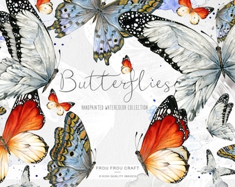 White Butterfly Art, Watercolor Butterfly Clip Art, Vintage Butterfly Decal, Digital Notebook Stickers, Butterfly Clipart Scrapbook