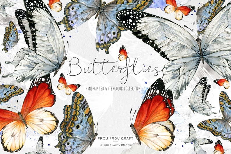 Puede incluir: Una colecci&oacute;n de mariposas de acuarela en varios colores y patrones, incluyendo azul, blanco, rojo y negro. Las mariposas est&aacute;n dispuestas en un patr&oacute;n aleatorio sobre un fondo blanco con salpicaduras de acuarela azul. El texto "Butterflies" est&aacute; escrito en cursiva en la parte superior de la imagen, con las palabras "Handpainted Watercolor Collection" debajo. El texto "Frou Frou Craft" est&aacute; escrito en una fuente simple debajo del t&iacute;tulo de la colecci&oacute;n, con el texto "8 High Quality Images" debajo.